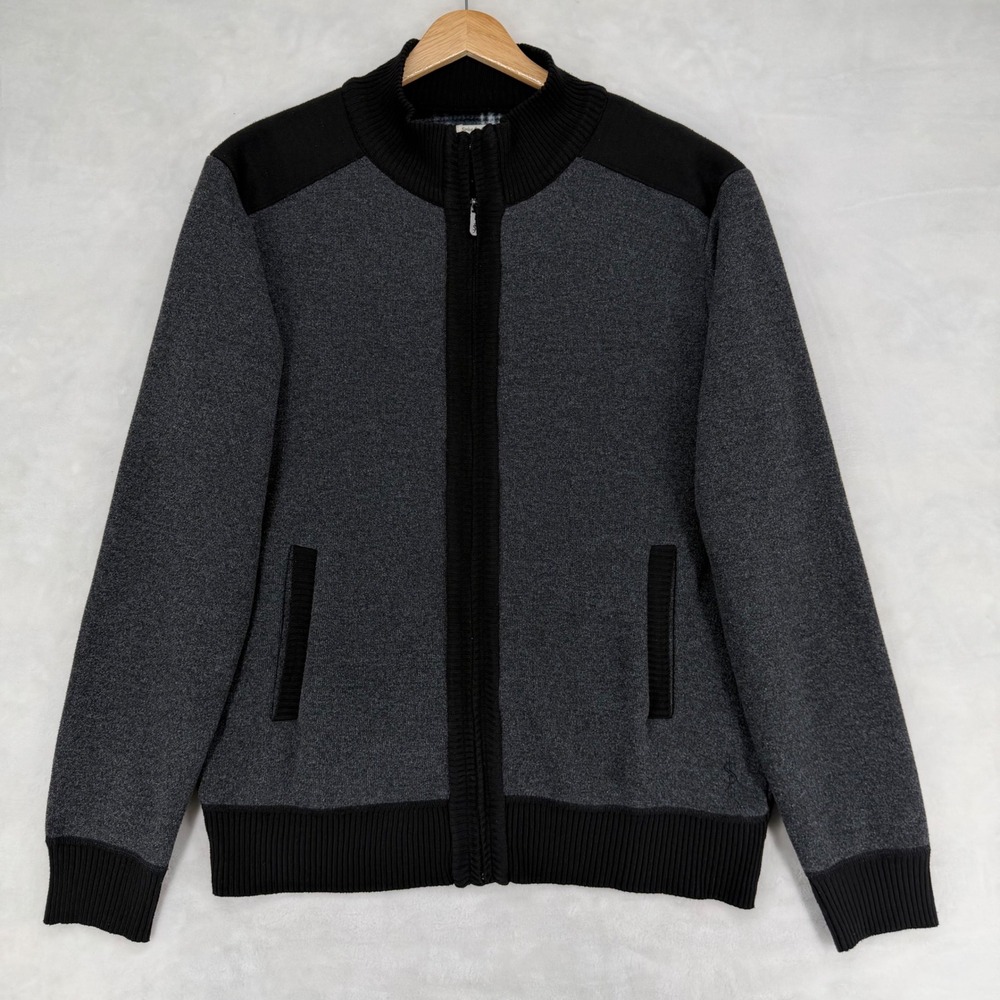 Scott James Mens L Full Zip Fleece Lined Plaid Mock Neck Sweater Jacket Gray